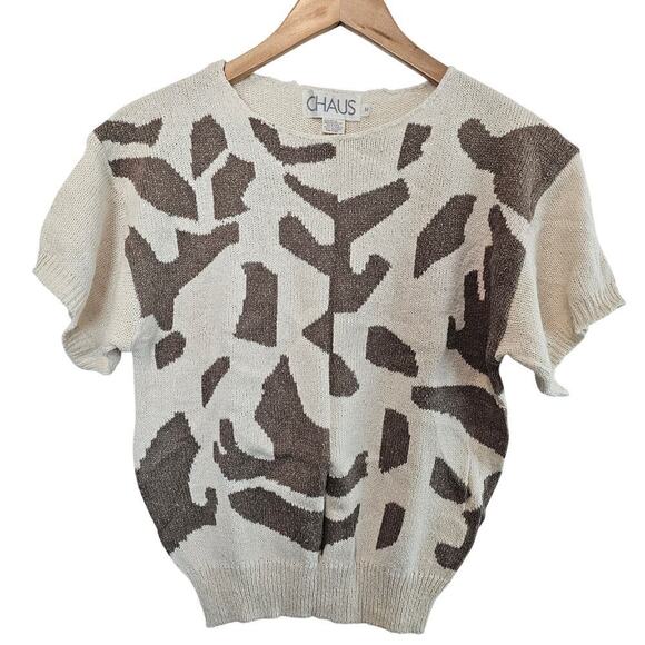 Vintage Chaus Sweater Womens Medium Cream Silk 80s Glam Rock Retro Abstract Boho - Picture 1 of 8